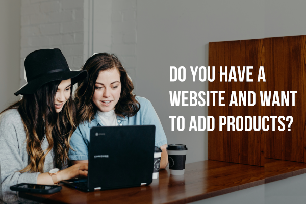 two white 20-something chicks in a library at the computer with the words "Do you have a website and want to add products?"